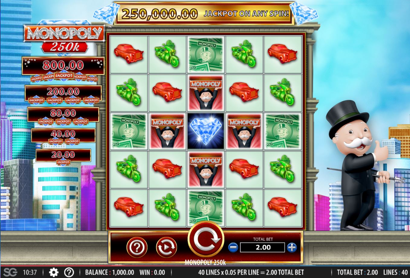 Monopoly 250k slot from Bally online freeplay game