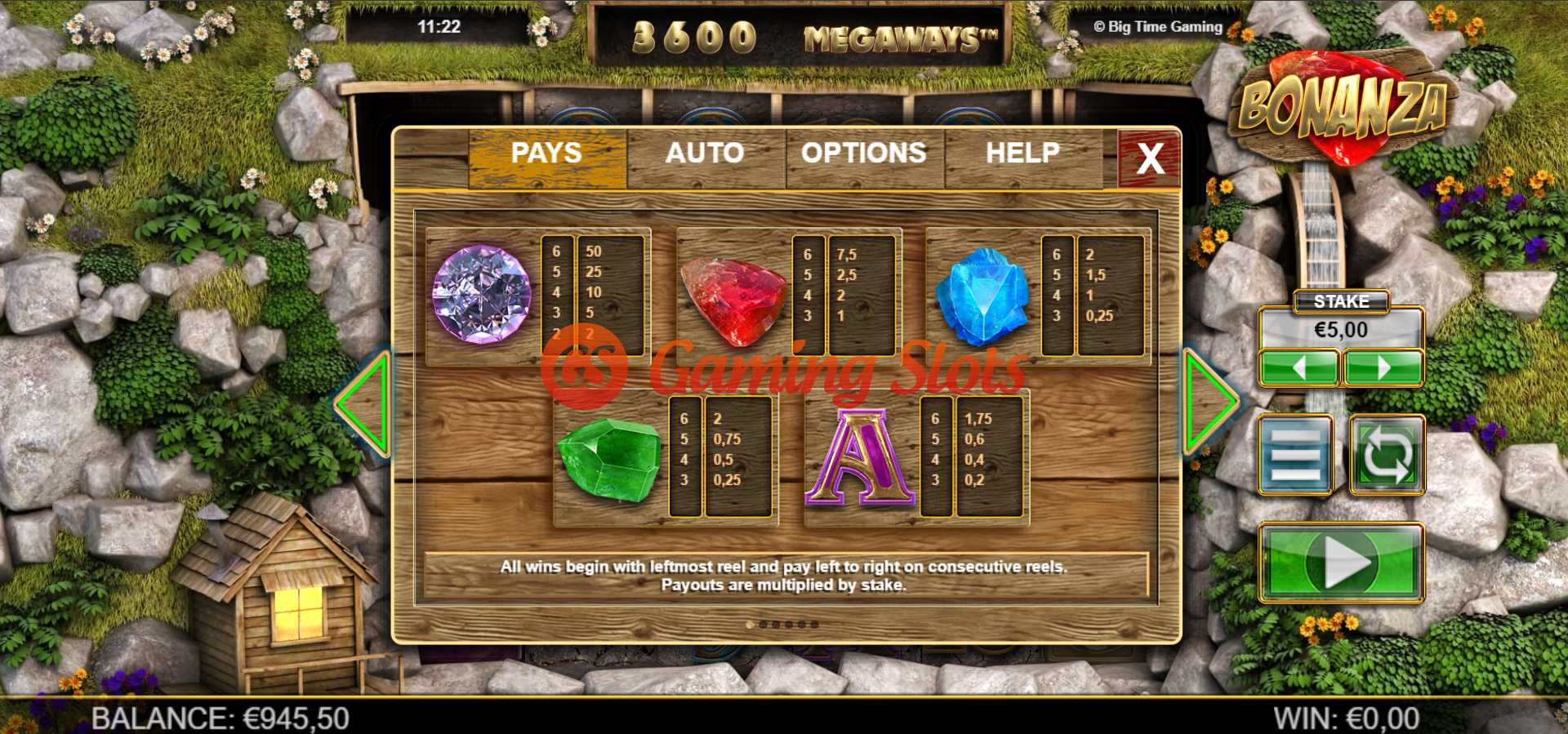 Pay Table for Bonanza slot from Big Time Gaming