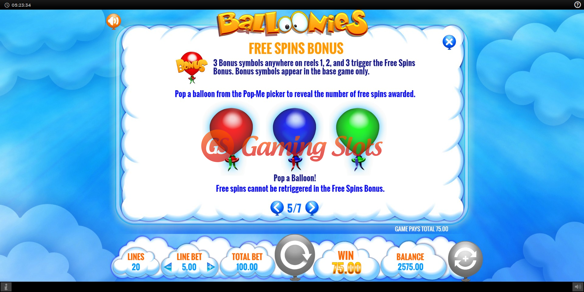 Pay Table for Balloonies slot from IGT