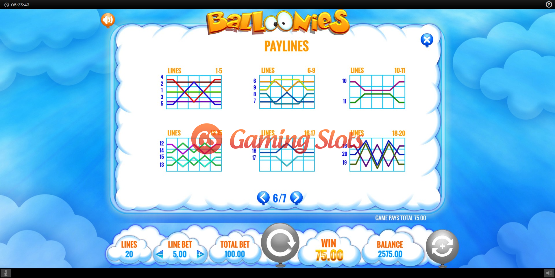Pay Table for Balloonies slot from IGT