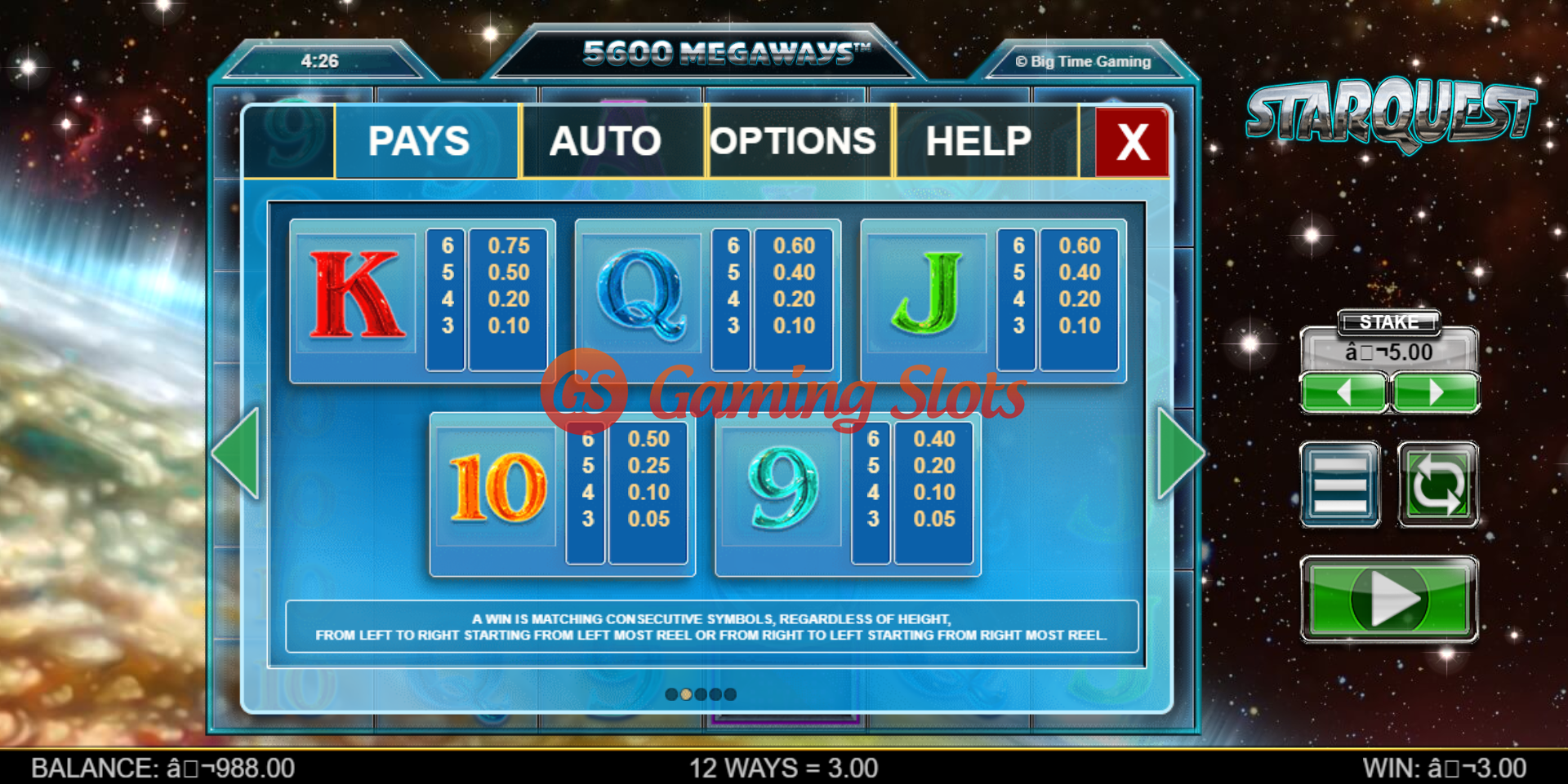 Pay Table for Starquest slot from Big Time Gaming