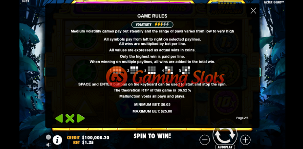 Game Rules for Aztec Gems slot by Pragmatic Play