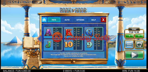 Pay Table for Book of Gods slot from Big Time Gaming