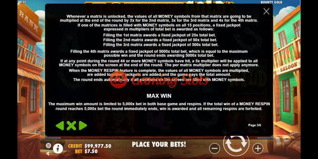 Pay Table for Bounty Gold slot from Pragmatic Play