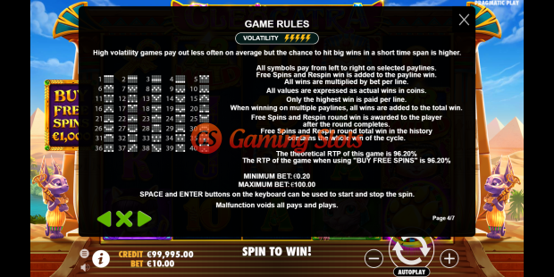 Game Rules for Cleocatra slot from Pragmatic Play