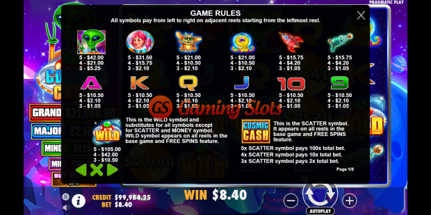 Game Rules for Cosmic Cash slot from Wild Streak Gaming