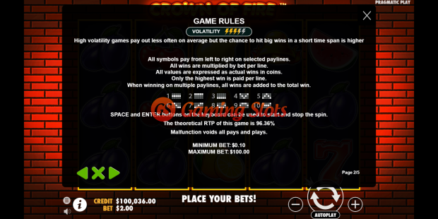 Game Rules for Crown of Fire slot from Pragmatic Play