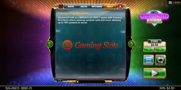 Game Rules for Diamond Fruits Megaclusters slot from Big Time Gaming