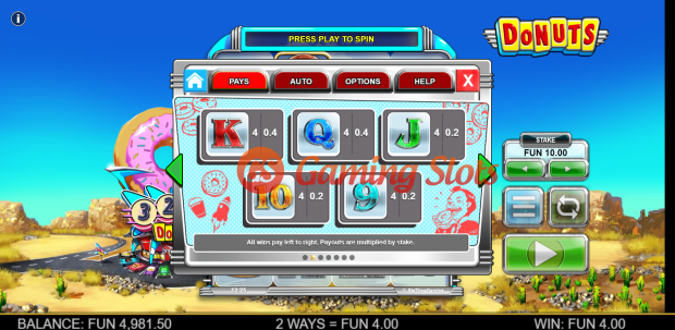 Pay Table for Donuts slot from Big Time Gaming
