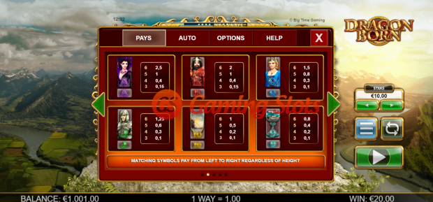 Pay Table for Dragon Born slot from Big Time Gaming