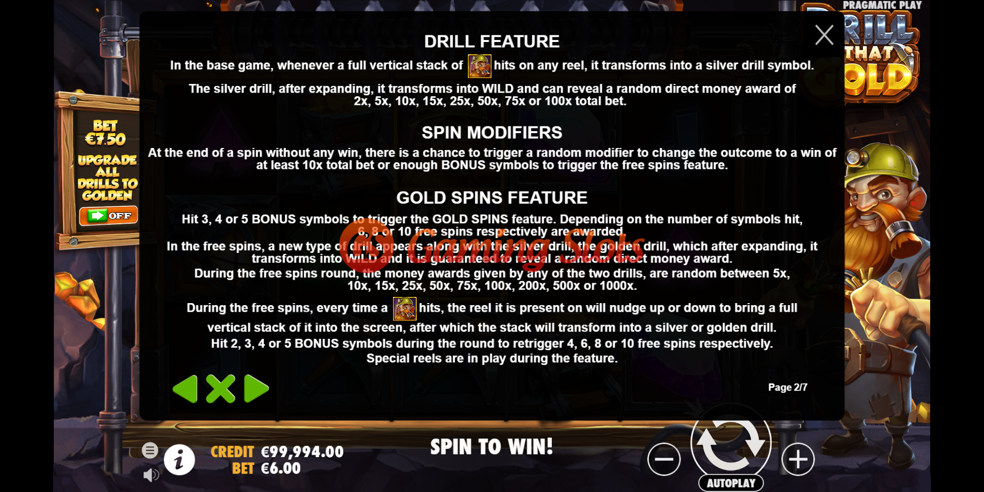 Pay Table for Drill That Gold slot from Pragmatic Play