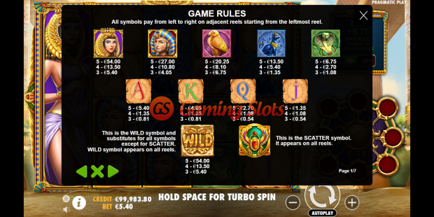 Game Rules for Eye of Cleopatra slot from Pragmatic Play