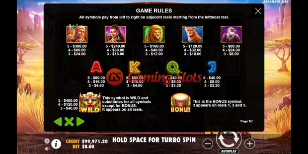 Game Rules for Gems of Serengeti slot from Pragmatic Play