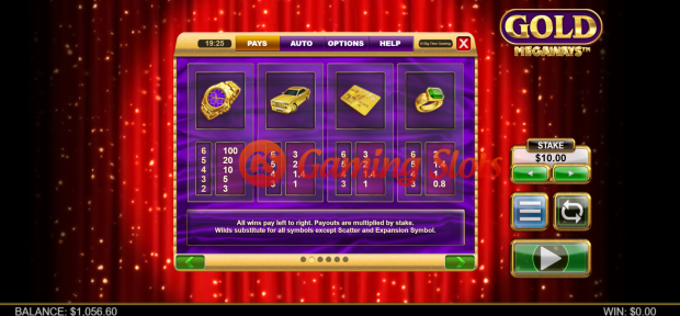 Pay Table for Gold Megaways slot from Big Time Gaming
