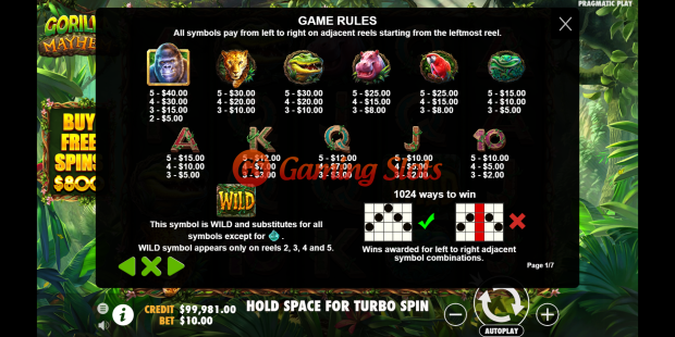 Game Rules for Gorilla Mayhem slot from Pragmatic Play