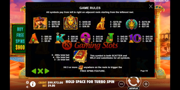 Game Rules for John Hunter and The Book of Tut Respin slot from Pragmatic Play