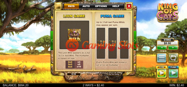 Game Rules for King Of Cats slot from Big Time Gaming