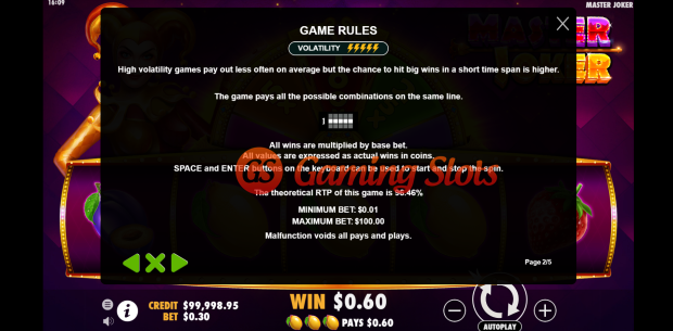 Game Rules for Master Joker slot by Pragmatic Play