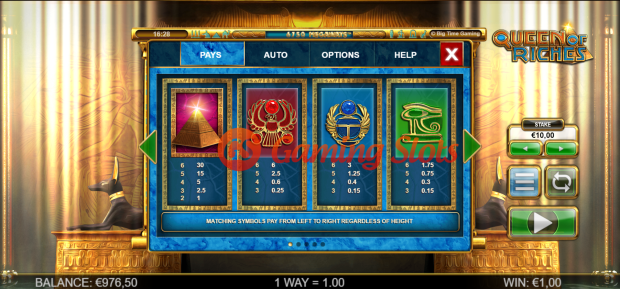 Pay Table for Queen Of Riches slot from Big Time Gaming