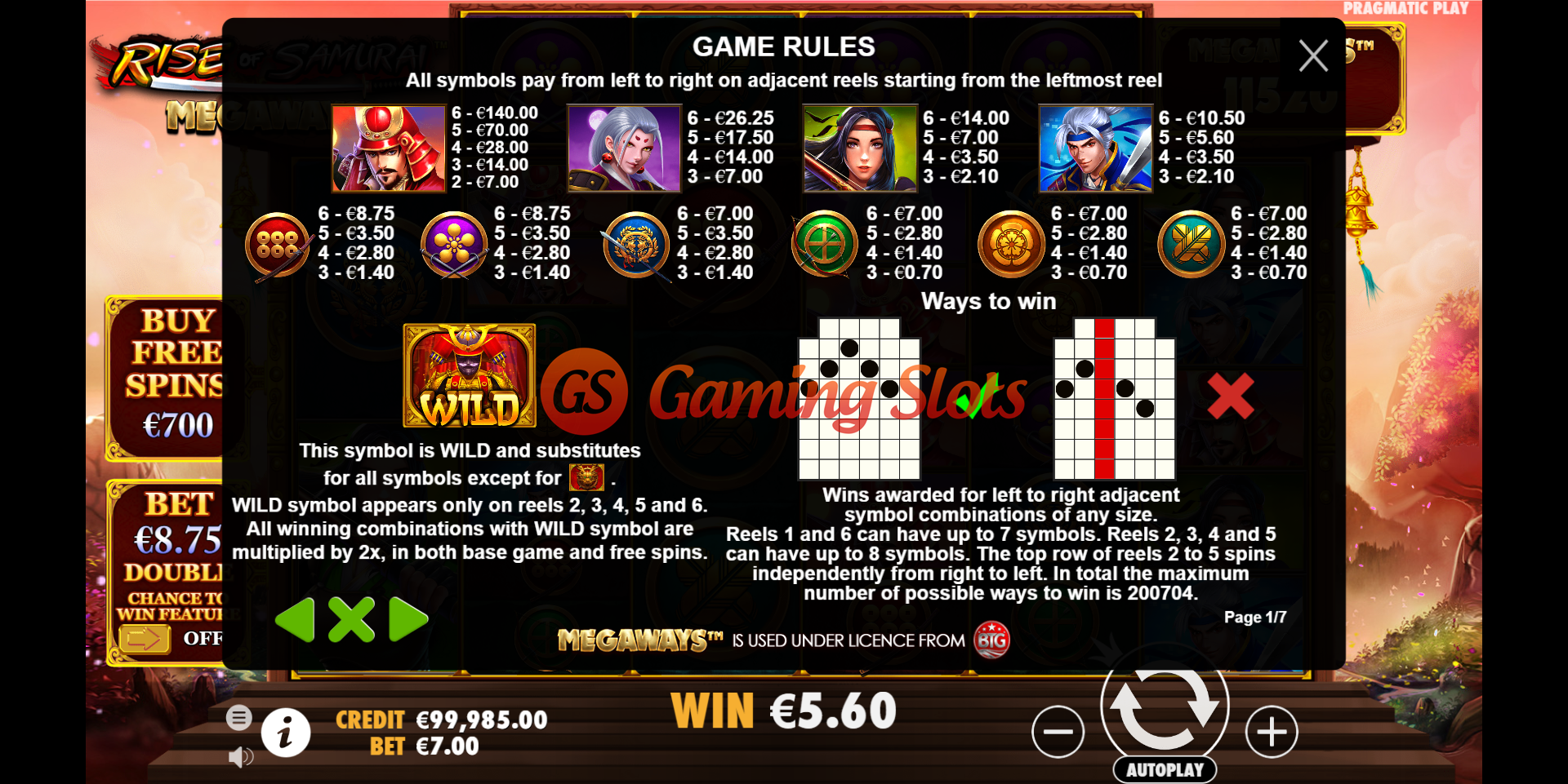 Game Rules for Rise of Samurai Megaways slot from Pragmatic Play