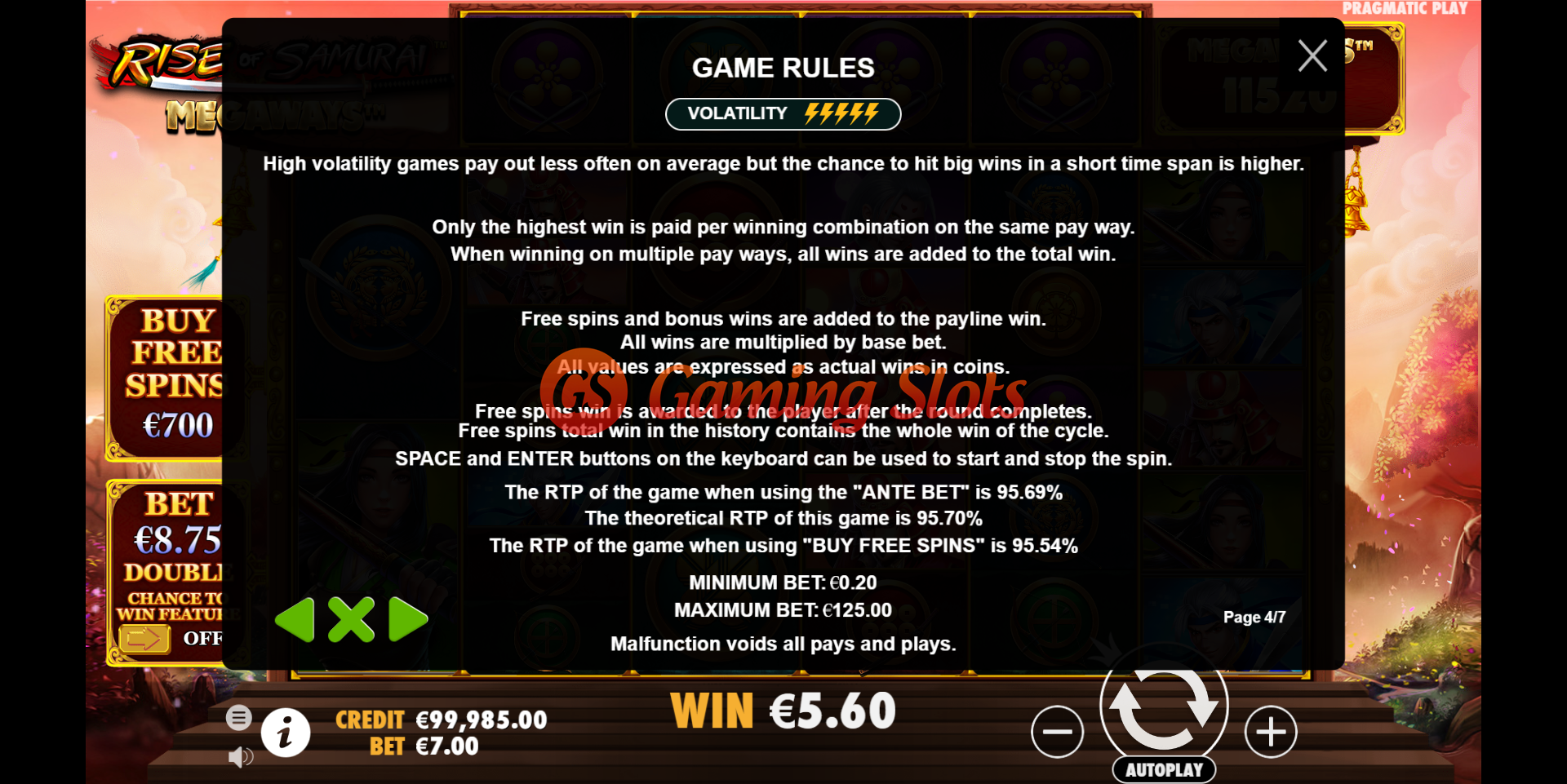 Game Rules for Rise of Samurai Megaways slot from Pragmatic Play