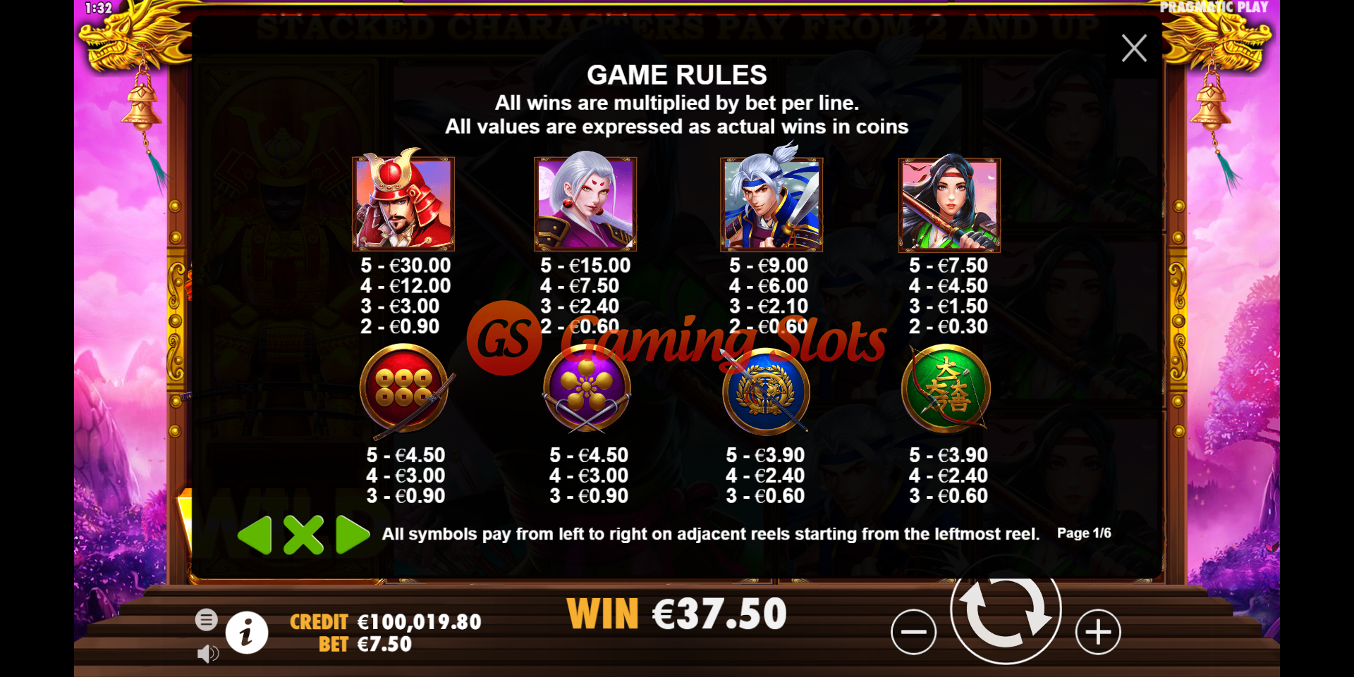 Game Rules for Rise of Samurai slot from Pragmatic Play