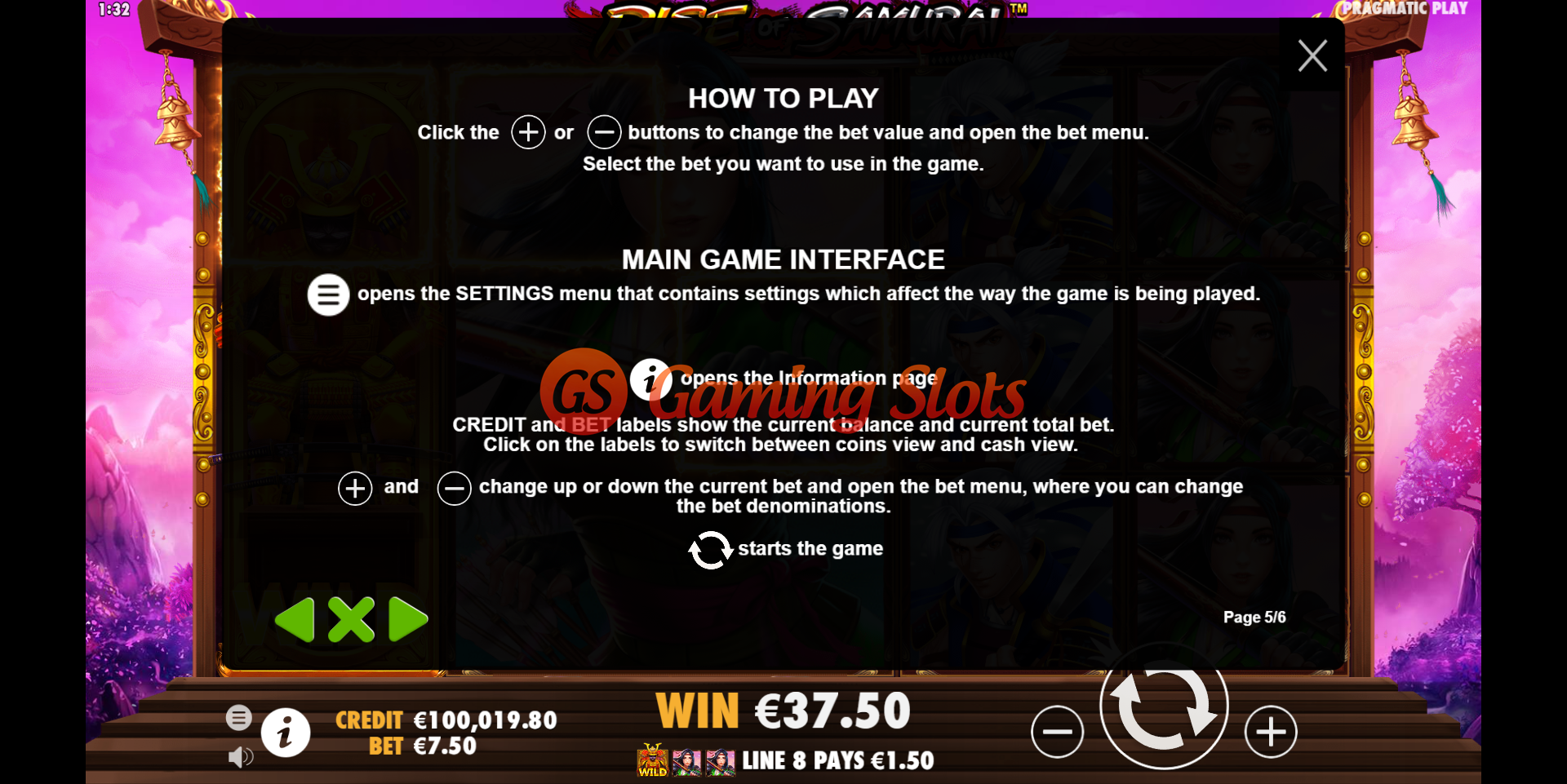 Pay Table for Rise of Samurai slot from Pragmatic Play