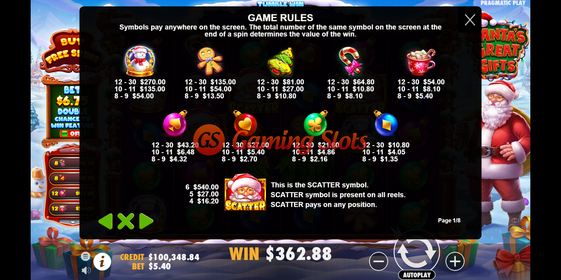 Game Rules for Santa's Great Gifts slot from Pragmatic Play