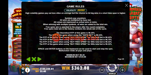 Game Rules for Santa's Great Gifts slot from Pragmatic Play