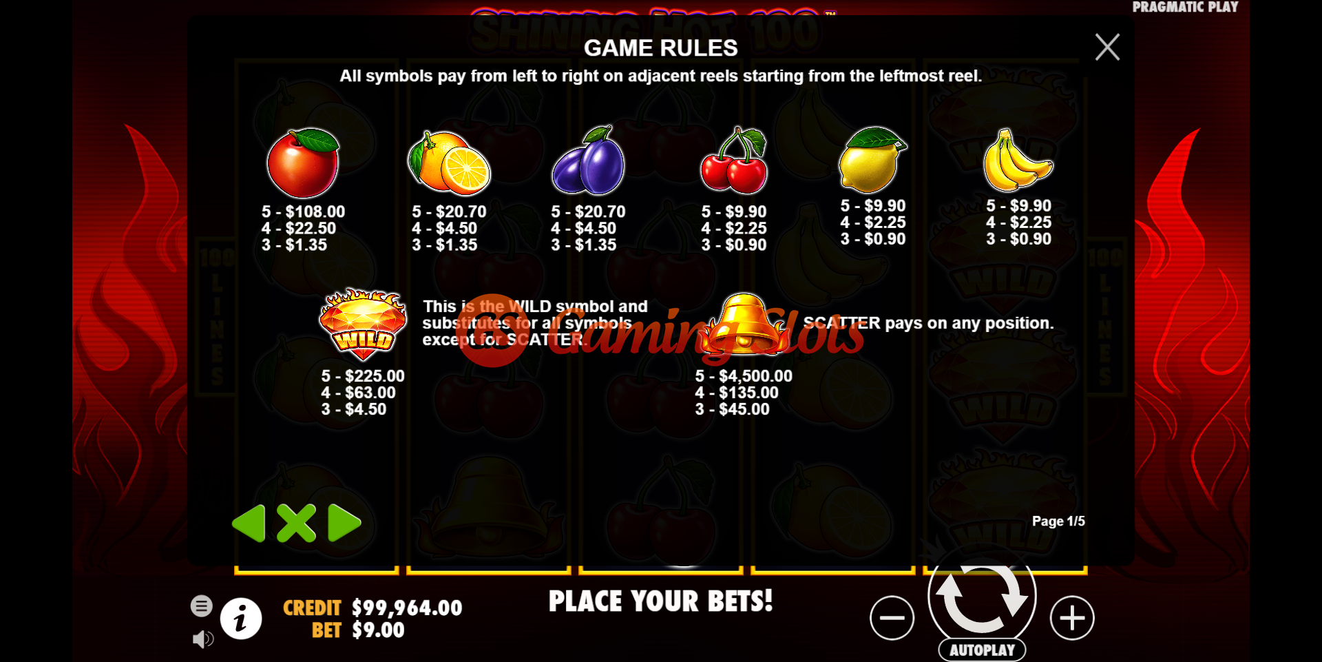 Game Rules for Shining Hot 100 slot from Pragmatic Play