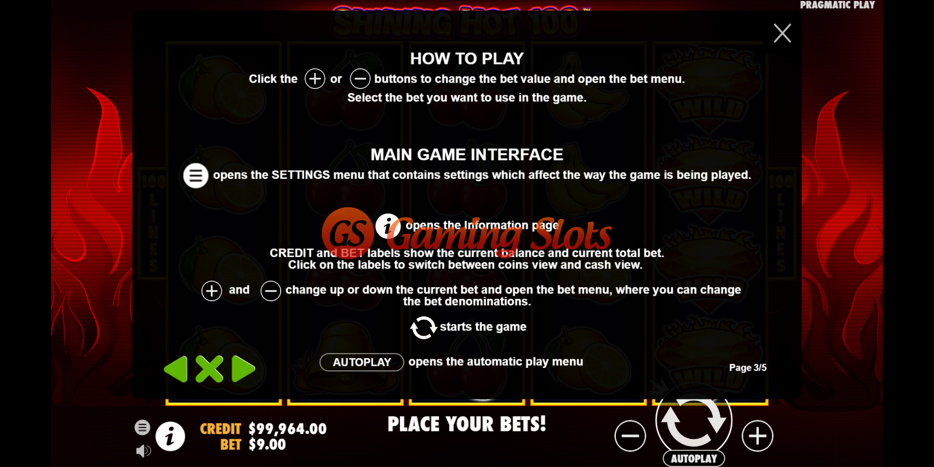 Pay Table for Shining Hot 100 slot from Pragmatic Play