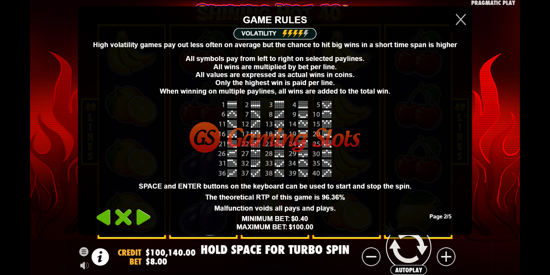 Game Rules for Shining Hot 40 slot from Pragmatic Play