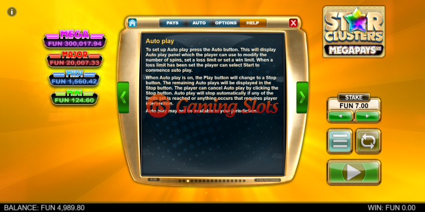 Game Rules for Star Clusters Megapays slot from Big Time Gaming