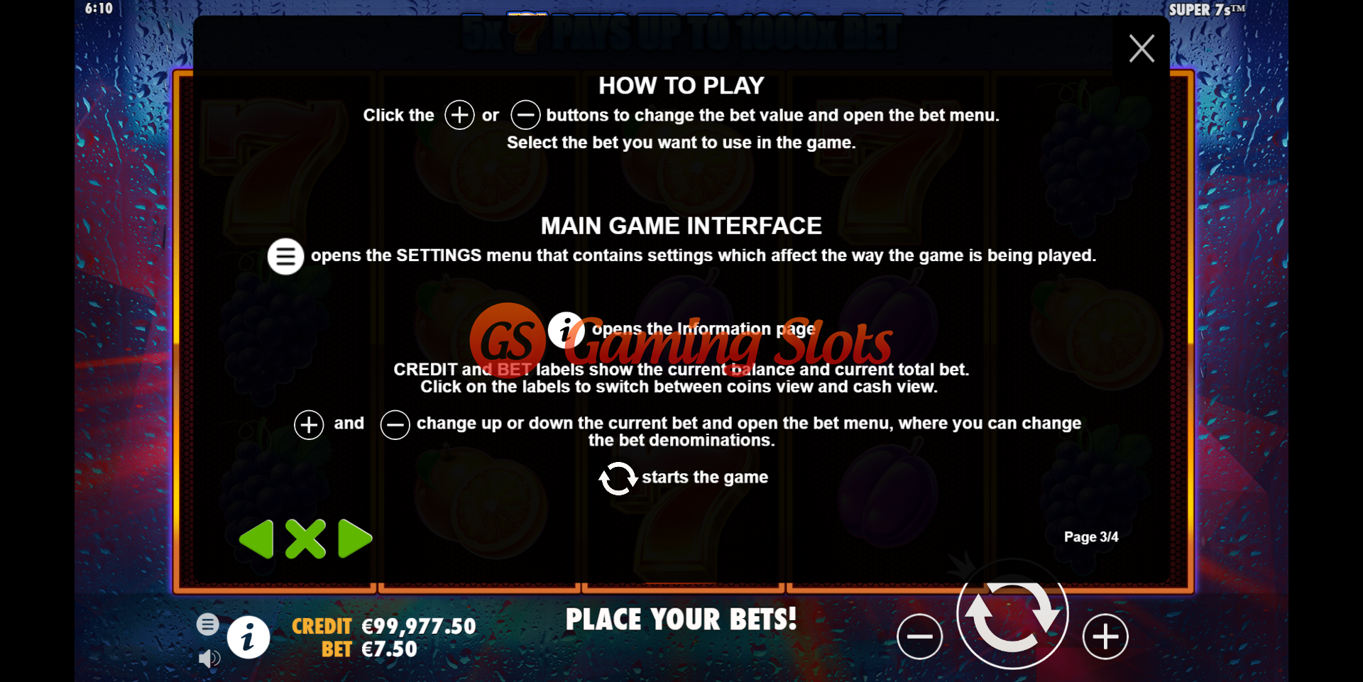 Pay Table for Super 7s slot from Pragmatic Play