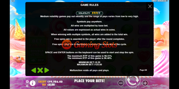 Game Rules for Sweet Bonanza slot from Pragmatic Play