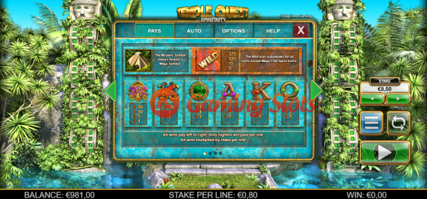 Pay Table for Temple Quest Spinfinity slot from Big Time Gaming