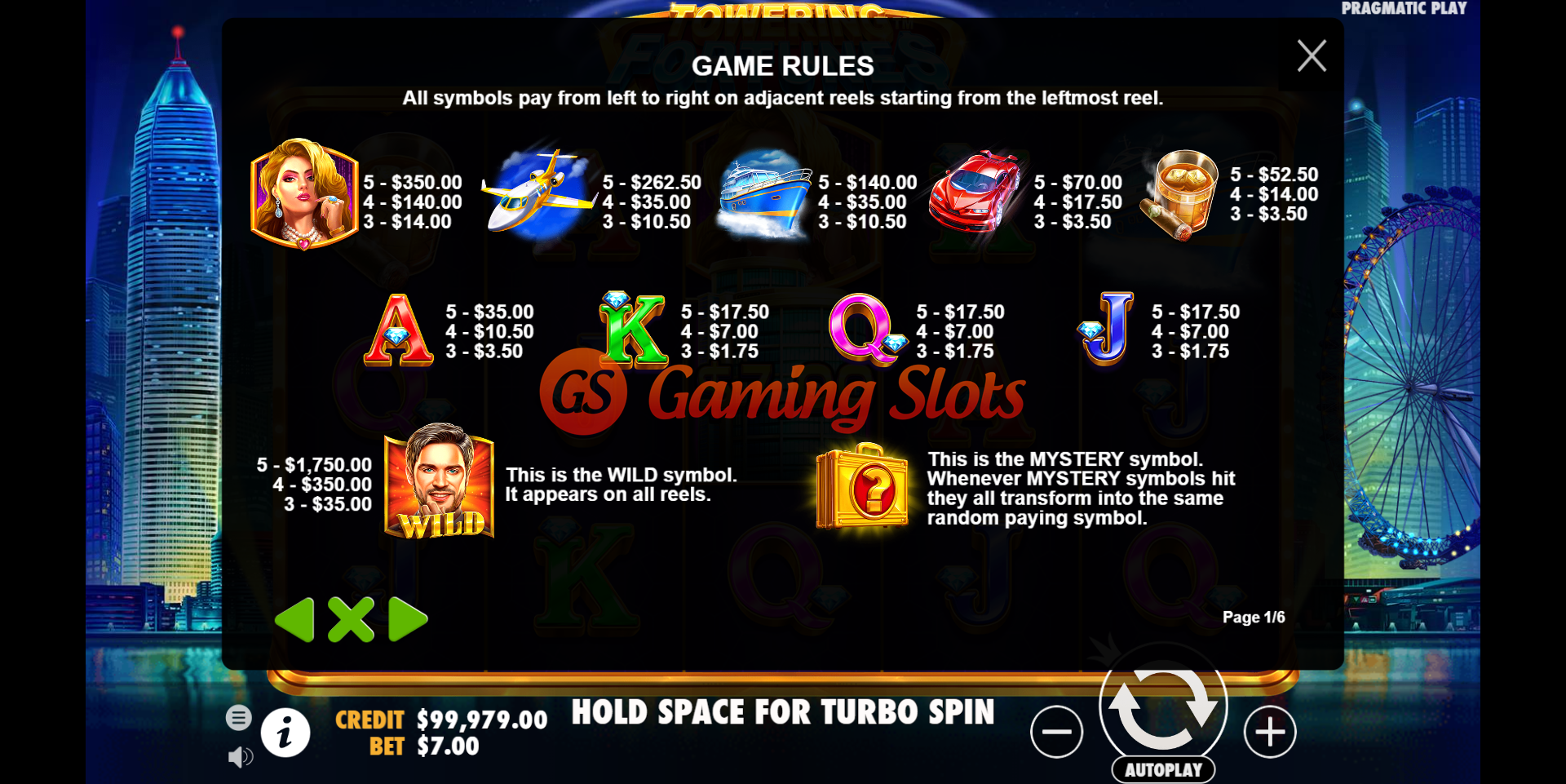 Game Rules for Towering Fortunes slot from Pragmatic Play