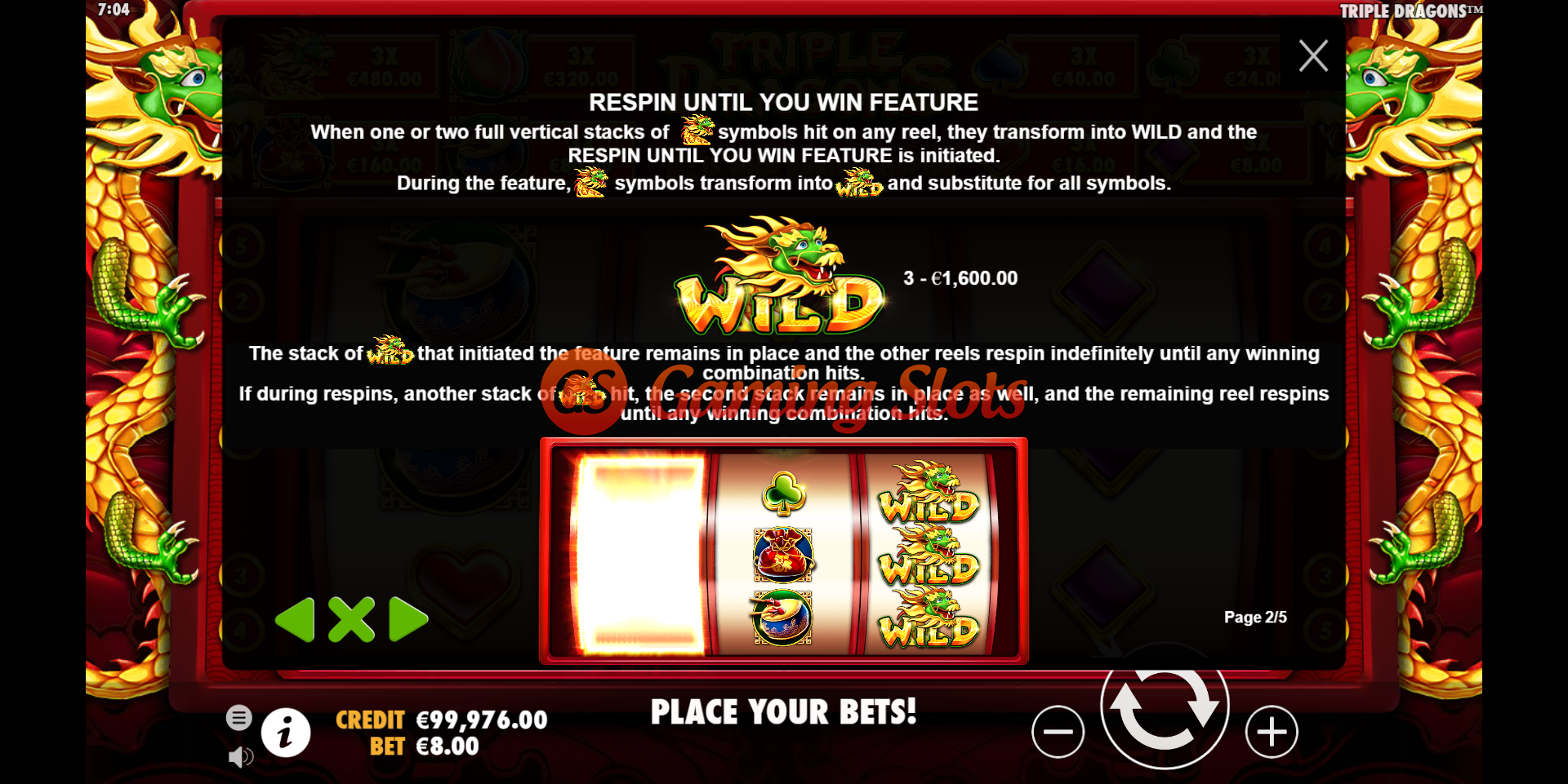 Pay Table for Triple Dragons slot from Pragmatic Play