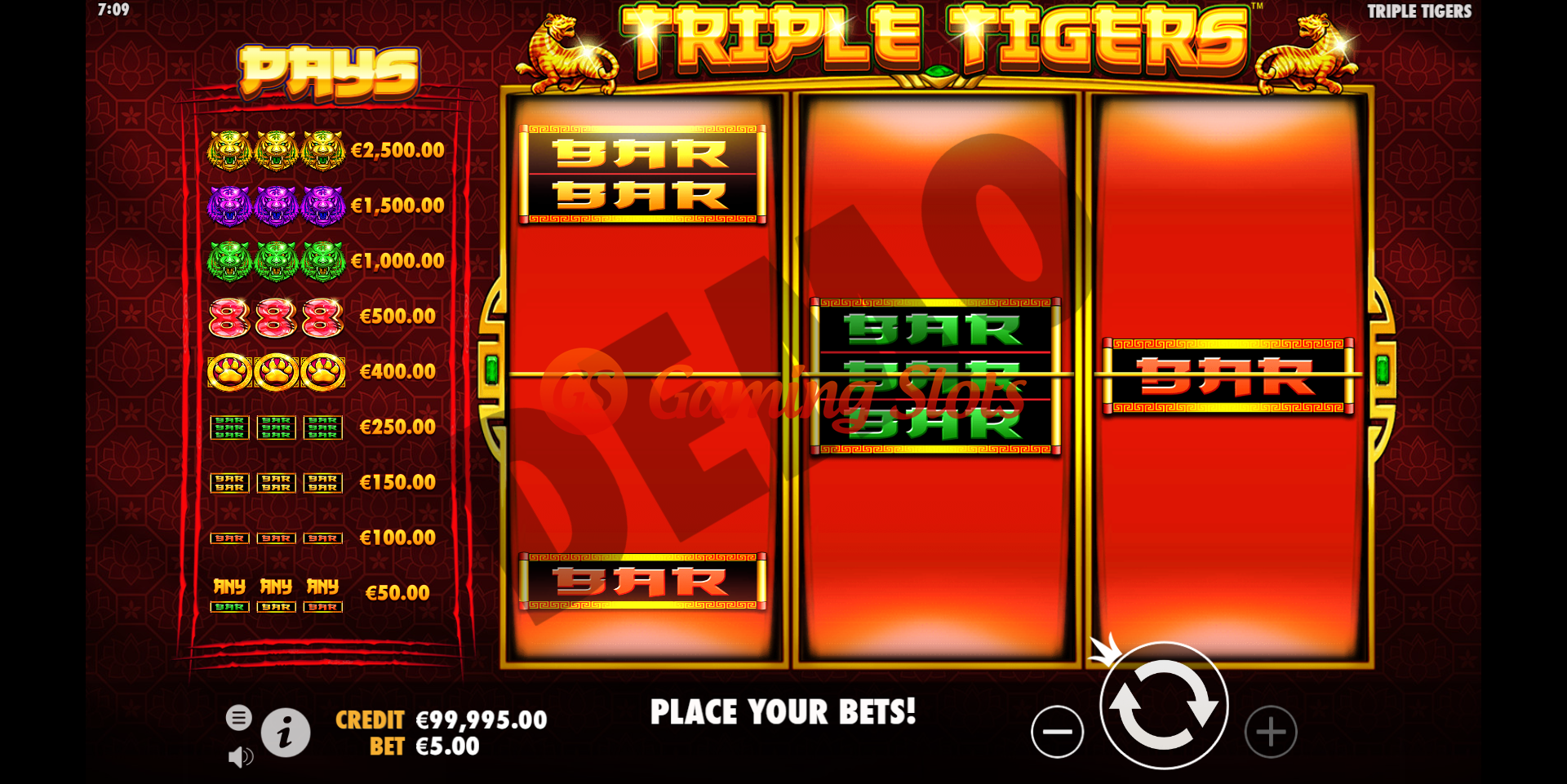 Base Game for Triple Tigers slot from Pragmatic Play
