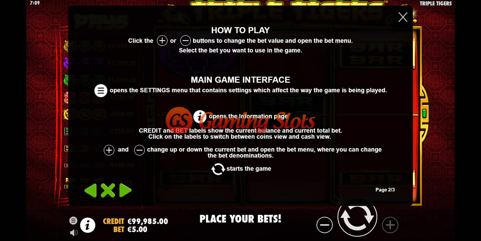 Pay Table for Triple Tigers slot from Pragmatic Play