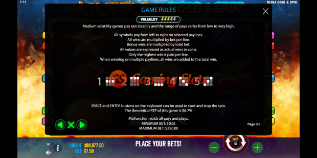 Game Rules for Ultra Hold and Spin slot by Reel Kingdom