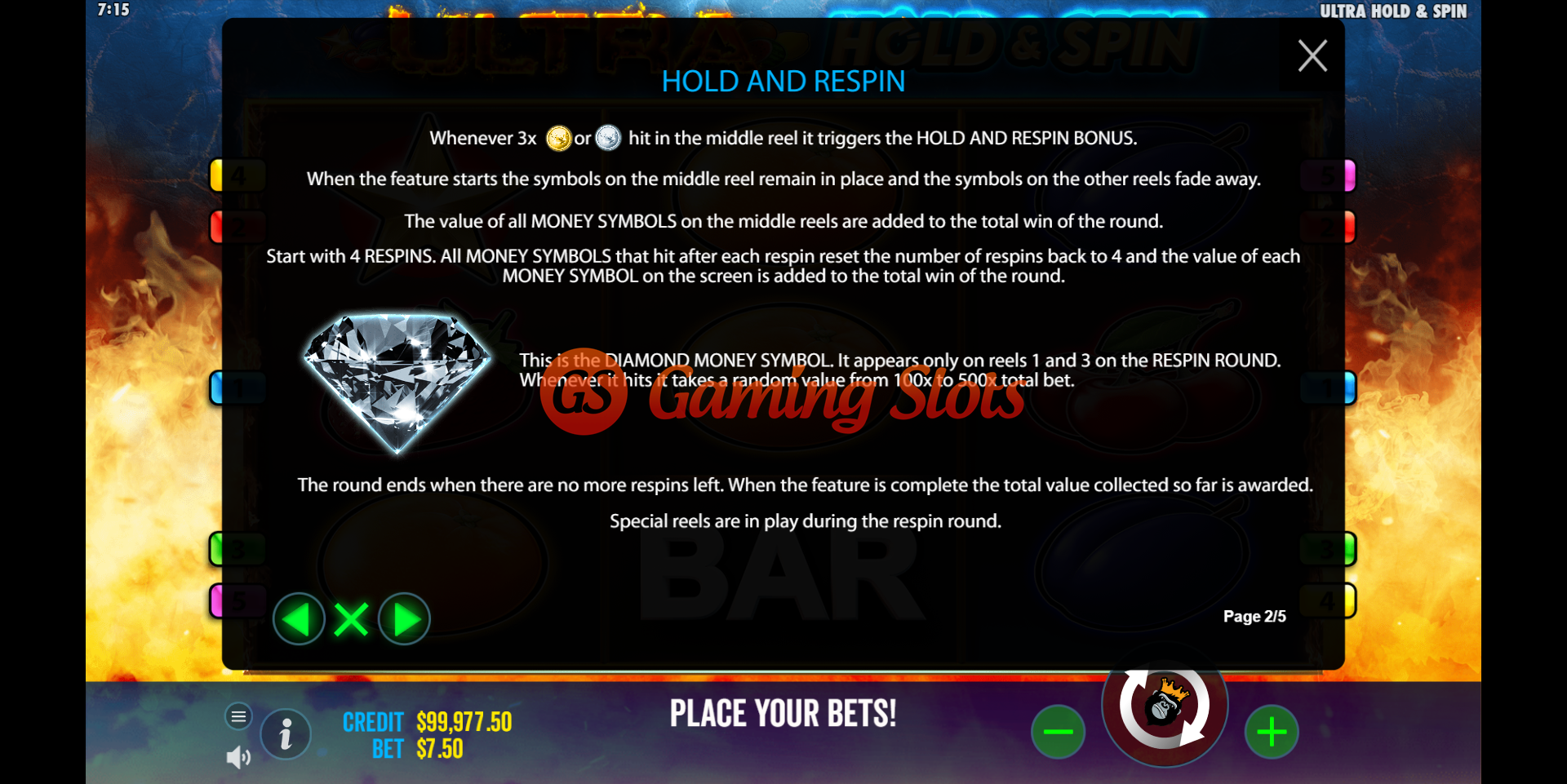 Pay Table for Ultra Hold and Spin slot by Reel Kingdom