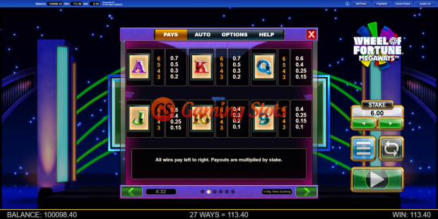 Pay Table for Wheel of Fortune Megaways slot from Big Time Gaming