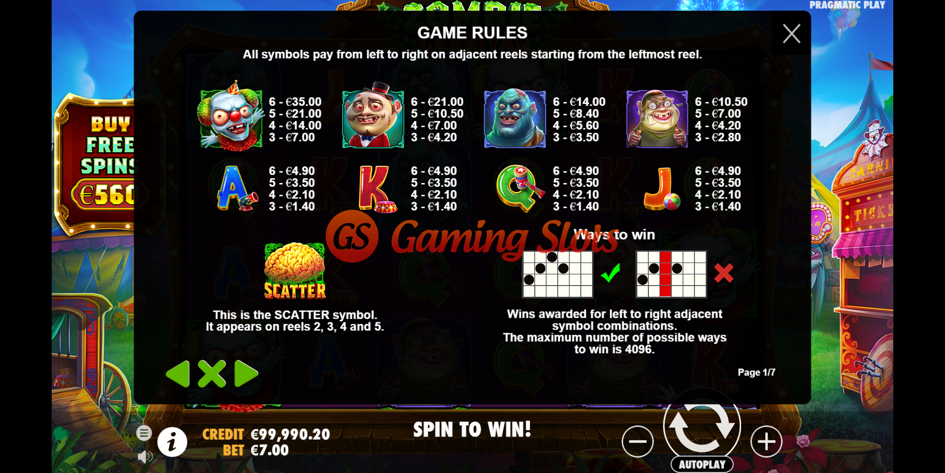 Game Rules for Zombie Carnival slot from Pragmatic Play