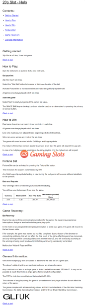 Game Rules for 20p slot from Inspired Gaming