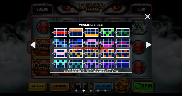 Pay Table for Demon Gems slot from Inspired Gaming