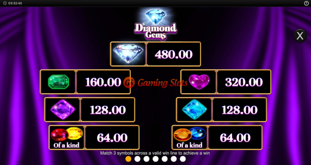 Pay Table for Diamond Gems slot from Inspired Gaming