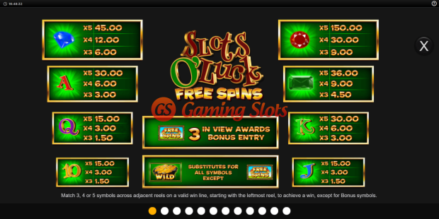 Pay Table for Slots O' Luck Free Spins slot from Inspired Gaming