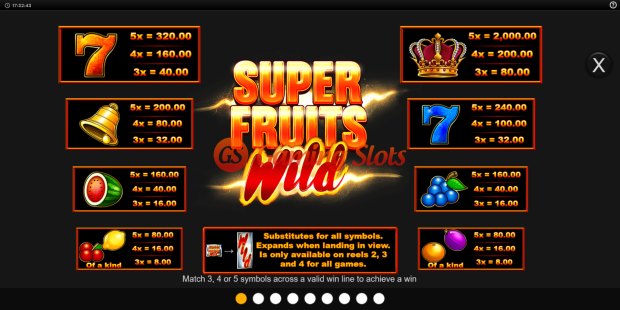 Pay Table for Super Fruits Wild slot from Inspired Gaming