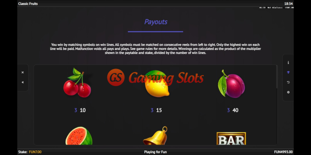 Classic Fruits slot pay table by 1X2 Gaming